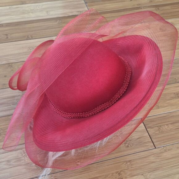 Vintage Wool RED Fascinator Hat Organza Kentucky Derby Church Bridal Tea Wedding - Picture 2 of 14